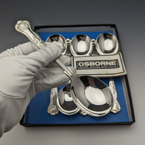 British Vintage Silver Plated Soup Spoons Set of 6 in Osborne Paper Box